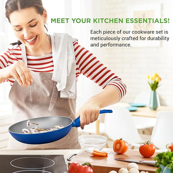 NutriChef 12-Piece Nonstick Kitchen Cookware Set - PFOA/PFOS-Free Heat Resistant Lacquer Kitchen Ware Pots Pan Set Light Gray/Blue - Saucepot, Pans, Cooking Pot Oven Pot, Lid, Utensils