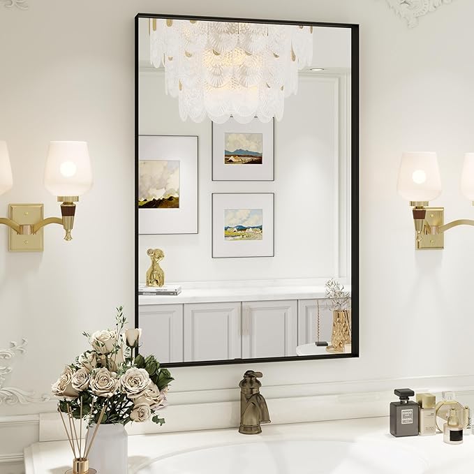 Black Bathroom Vanity Mirror 24x36 Inch, Rectangle Matte Black Mirror for Bathroom, Square Corner, Tempered Glass, Bedroom, Living Room, Entryway, Wall Mounted(Vertical/Horizontal)
