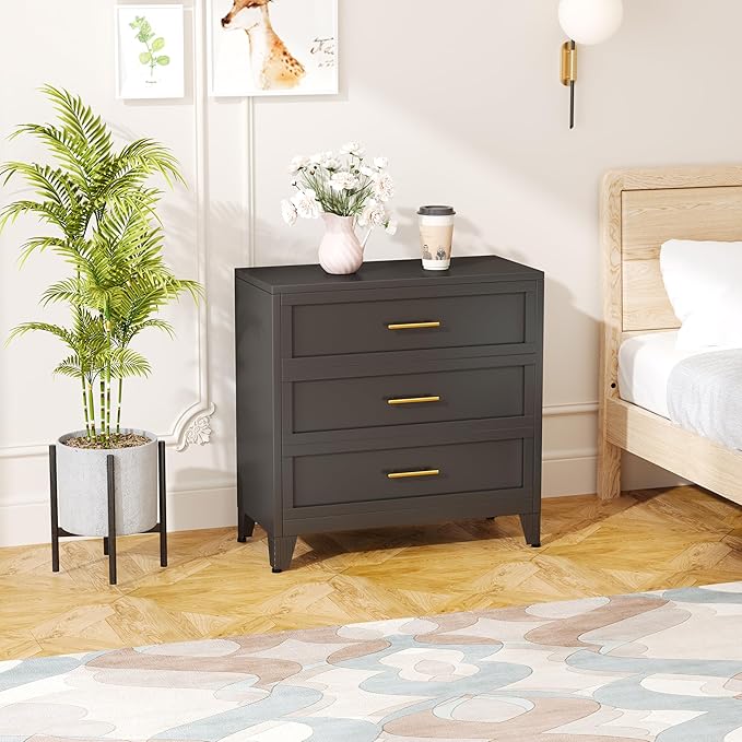 Metal Dresser for Bedroom 3 Drawers Dresser Metal Storage Dressers Organizer,34.25" H Black Drawer Chest, Closet Organizers for Living Room, Hallway, Closet