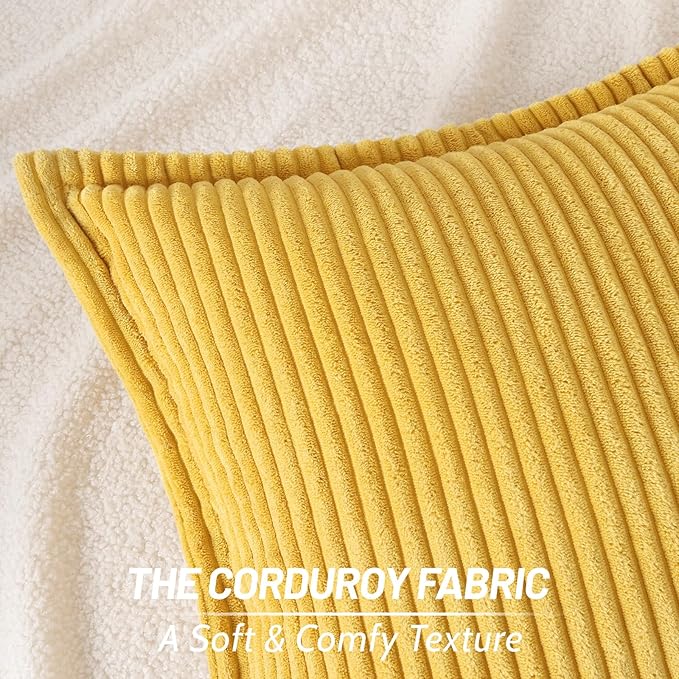 Mecatny Corduroy Throw Pillow Covers 20x20 Set of 2, Neutral Decorative Soft Boho Couch Pillow Covers with Broadside for Sofa Living Room, Mustard Yellow
