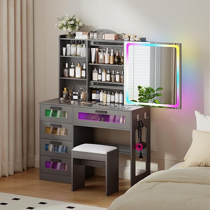 Vanity Desk with Sliding Vanity Mirror and RGB Lights,Makeup Vanity Desk with Charging Station,LED Vanity Table with Hidden Storage,Dressing Table Set with Stool&5 Drawers for Bedroom,Grey