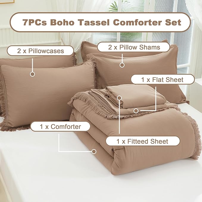Andency Taupe California King Size Comforter Set with Sheets - 7 Pieces Boho Tassel Bed in a Bag Soft Lightweight Bedding Sets, Taupe Fringe Bed Set with Comforter, Sheets, Pillowcases & Shams
