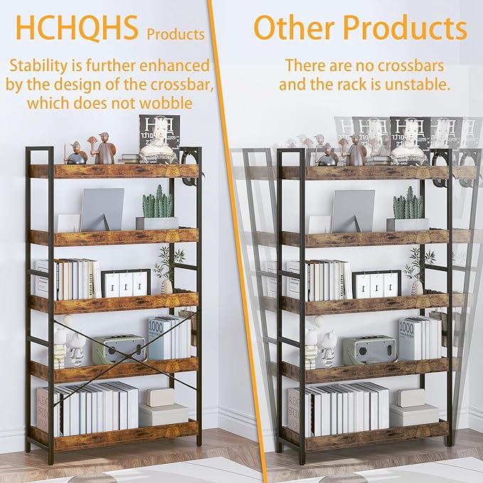 HCHQHS 5 Tier Bookshelf, Adjustable Industrial Bookcase, Vertical Tall Book Shelf, Wood and Black Metal Open Bookshelves for Home Office, Living Room, Bedroom