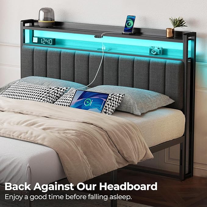 Rolanstar Headboard for Full Size Bed with Storage, 60,000 DIY Color of LED Light, Head Board with USB & Type C Port, Height Adjustable, Black Upholstered Cabeceras de Cama Comfortable Modern, Stable