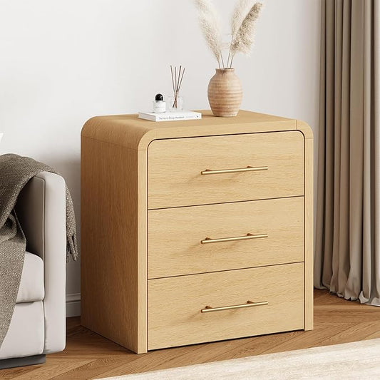 Curved 3-Drawer Nightstand Dresser, 23.6'' Wide Modern Wood Bedside Tables with Long Metal Handles, Large Storage End Tables for Bedroom, Office, Natural Oak