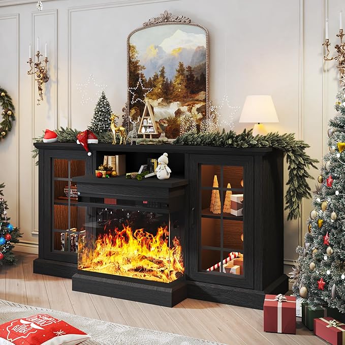 oneinmil Fireplace TV Stand with 3-Sided Glass, TV Cabinet for TVs up to 65", 59'' Modern Media Entertainment Center with Farmhouse Glass Door Storage Cabinets, for Living Room, Black