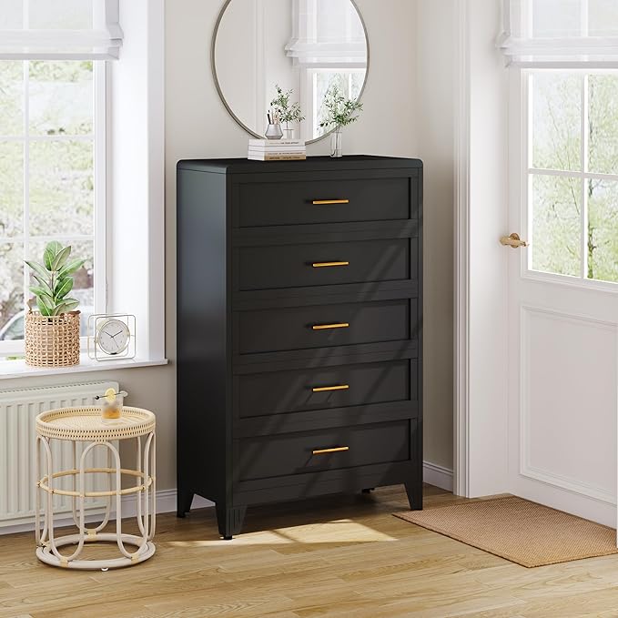 Metal Dresser Tall Black Dresser for Bedroom Chest,53.54" H White Drawer Chest, Closet Dressers & Chests of Drawers for Living Room, Hallway (5 Drawers Rounded Corners)