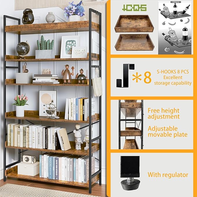 HCHQHS Bookshelf, Adjustable Industrial Bookcase, Vertical Tall Book Shelf, Wood and Black Metal Open Bookshelves for Home Office, Living Room, Bedroom (Rustic Brown, 6-Tier (31" W x 70" H))