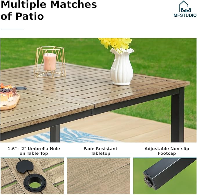 MFSTUDIO Patio Table and Chairs Set of 6, Outdoor Dining Set for 6 with Umbrella Hole, Outdoor Patio Furniture Set for Deck, Backyard, Poolside & Garden