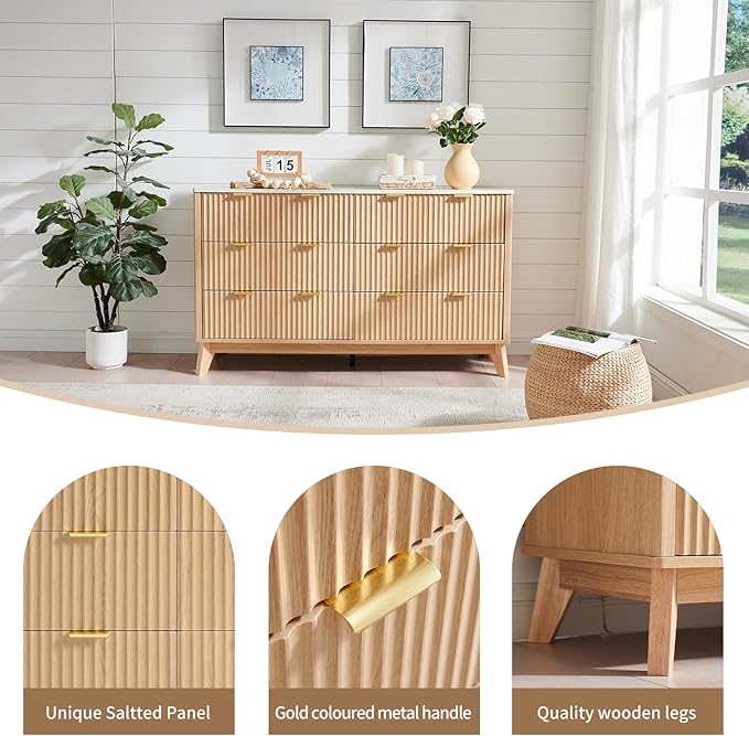 Fluted 6 Drawers Dresser for Bedroom, 55" Wide Modern Chest of Drawers with Metal Handle, Farmhouse Dresser TV Stand, Wood Drawer Organizer for Bedroom, Living Room, Hallway (Natural Oak)