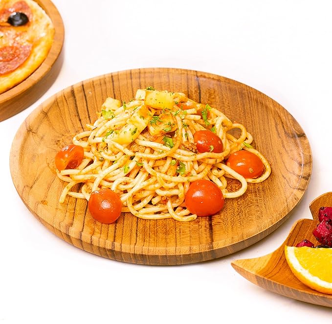 Rainforest Bowls Set of 4 8" Round Javanese Teak Wood Plates- Perfect for Everyday Use- Hot & Cold Friendly, Ultra-Durable, Premium Wooden Plates- Handcrafted by Indonesian Artisans