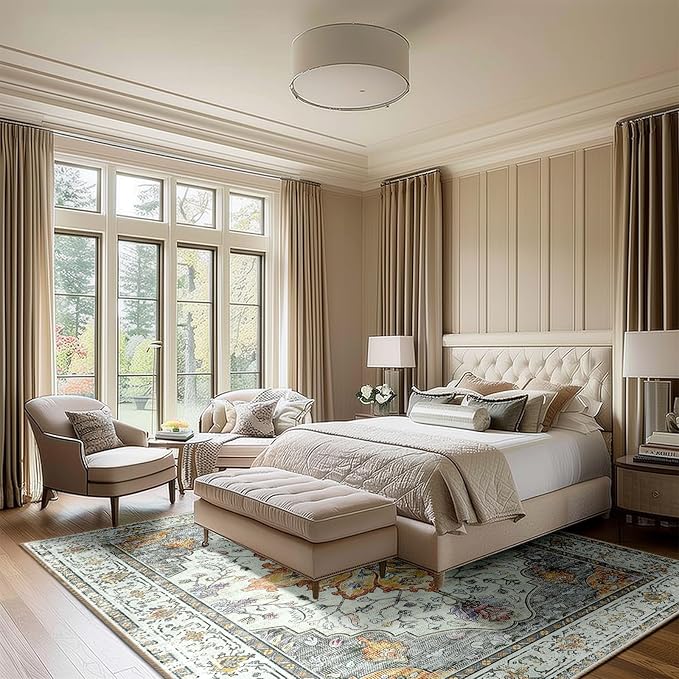 Area Rugs 6'x9' Washable Non-Slip, Floral Vintage Distress Print Pattern Medallion Carpet for Living Room Bedroom Dining Room, Light Yellow Carbon Grey Orange