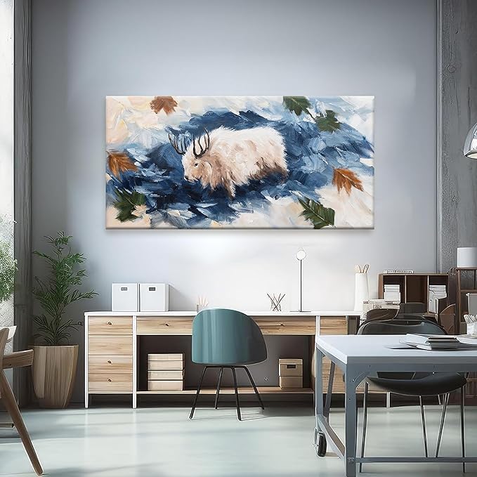 Tsomzxng Abstract Wall Art Living Room White Cow Dark Blue Poster Gothic Animal Abstract Wall Decor Prints Wildlife Animal Canvas Wall Art Decor Artwork Painting Picture For Bedroom Office 29x58 Inch