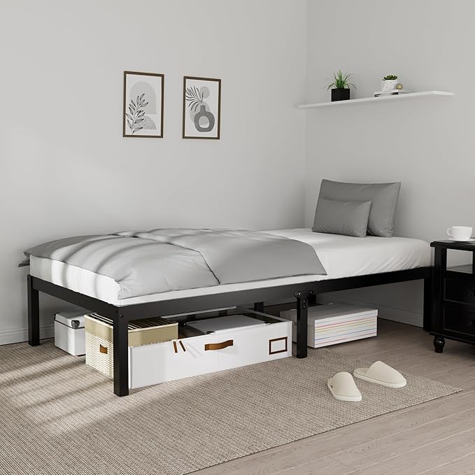 14 Inch Bamboo Bed Frame – Solid Wood Platform Bed Frame, Strong and Stable, with Non-Slip Slats for Support, No Box Spring Needed, Easy to Assemble, Noise-Free (Black, Twin)