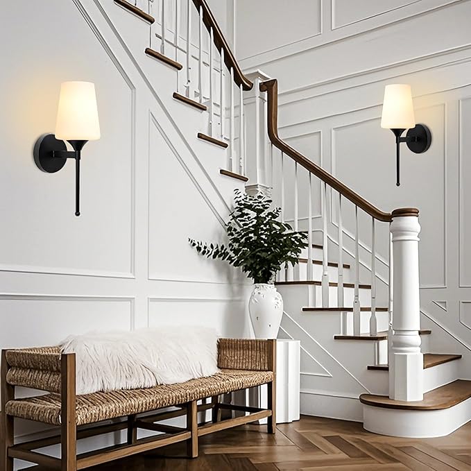 New Bathroom Vanity Light Fixtures 3 Lights Brushed Black Glass Shade Modern Wall Bar Sconce Over Mirror (Brushed Black, 1T 2Pack)