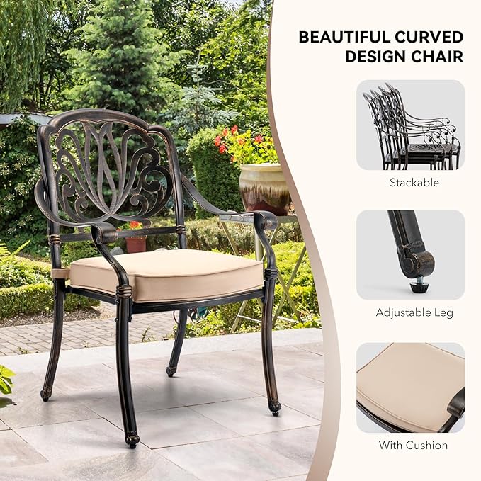 9-Piece Cast Aluminum Outdoor Dining Set Retro Patio Dining Set for 8 Includes 86.6’’ Rectangular Table and 8 Chairs with Removable Cushion and Umbrella Hole for Patio Deck Garden Porch