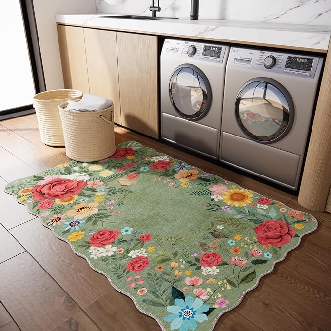 Floral Washable Area Rug 3'x5' Non Slip Boho Vintage Low Pile Soft Carpet for Living Room, Dining Room, Bedroom High Traffic Areas Indoor Rug for Bathroom, Entryway Decor (Green