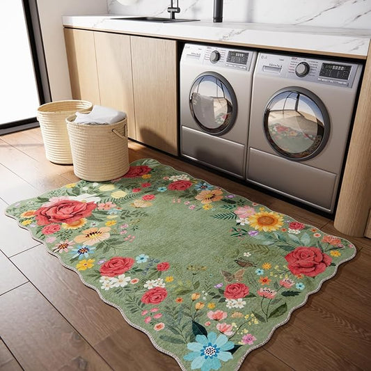 Floral Washable Area Rug 3'x5' Non Slip Boho Vintage Low Pile Soft Carpet for Living Room, Dining Room, Bedroom High Traffic Areas Indoor Rug for Bathroom, Entryway Decor (Green