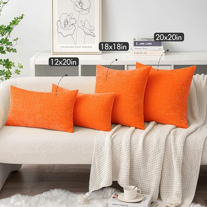 MIULEE Fall Pack of 2 Bright Orange Throw Pillow Covers 12x20 Inch Soft Chenille Pillow Covers for Sofa Living Room Couch Solid Dyed Cases