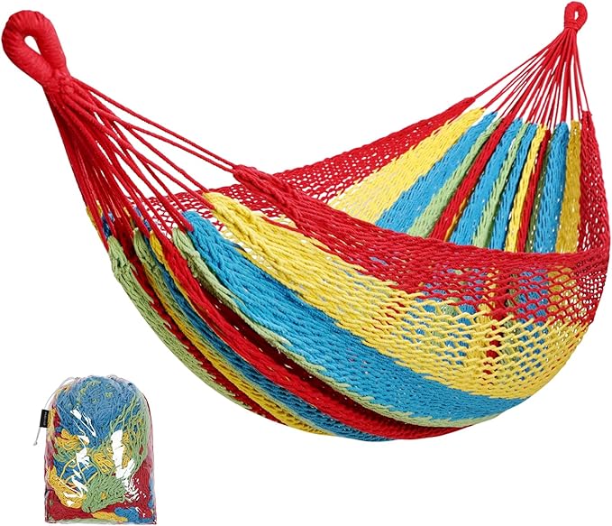 HappyPicnic Handwoven Mayan Hammock - Portable Family Hammock with Carry Bag Matrimonial Size Multi-Color Handmade Hammock for Travel Camping Backyard, Porch, Outdoor or Indoor Use (Colorful)