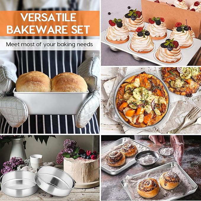 Toaster Oven Bakeware Set, E-far 8-Piece Stainless Steel Small Baking Pan Set, Include 6-Inch Cake Pan/Rectangle Baking Pan/Cookie Sheet with Rack/Muffin/Loaf/Pizza Pan, Non-Toxic & Dishwasher Safe