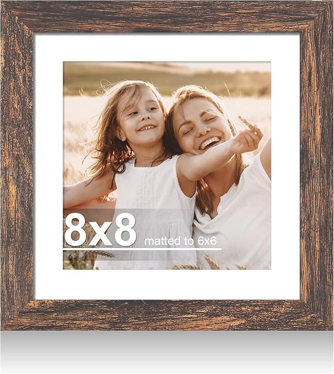 8x8 Picture Frame with Glass, Display Pictures 6x6 with Mat or 8 x 8 without Mat - Wall and Tabletop, 8 by 8 Photo Wooden Frames (Rustic Brown, 1 Pack)