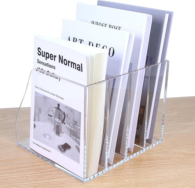 Acrylic Magazine File Holder, 4 Vertical Compartments Desk Document Sorter Organizer, Clear Folder Rack Binder for Office/Home/Classroom, for Documents, Tablet, Magazines, Books & Accessories