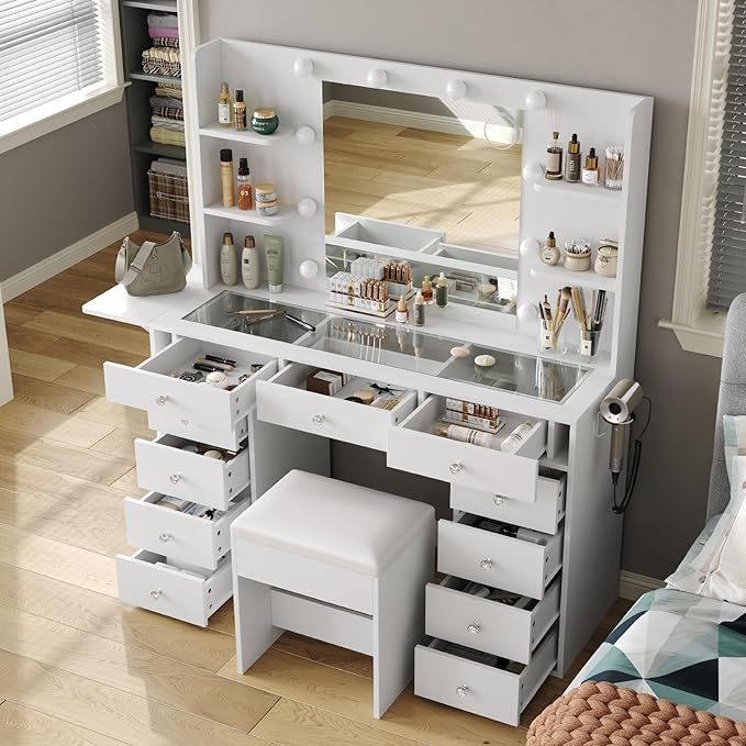 Vanity Desk with Power Outlet, 47'' W Makeup Table with Mirror and 12 LED Lights, 3 Color Lighting Modes, 11 Drawers Makeup Vanity with 4 Shelves, Fold-up Panel, Glass Top, Vanity Set for Bedroom
