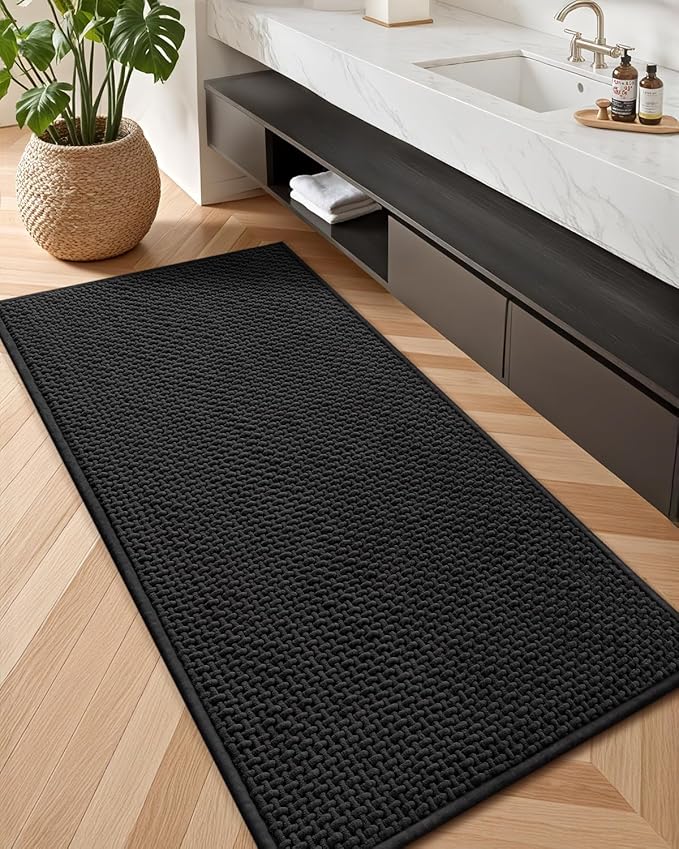 Color&Geometry Ultra Soft Chenille Bathroom Rugs Non Slip Rubber Backing, Machine Washable, Super Absorbent Floor Mat for Bathroom, Bathtub, Quick Dry Black Bath Mat, Long Bath Runner,17"x47"