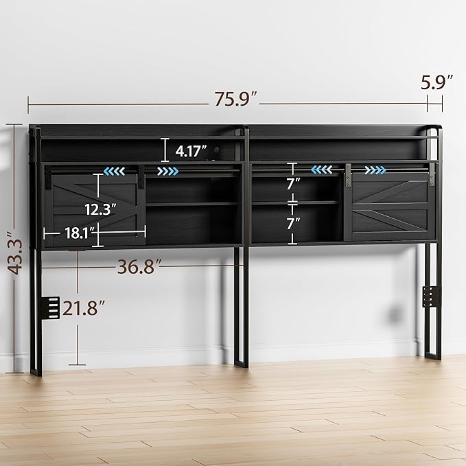 wanan Headboard King Size with Storage, 3 Tier Size Headboard only with Outlets, USB Ports and LED Light Strip, Headboards with Sliding Barn Doors, Adjustable Shelf (Black, King (U.S. Standard))