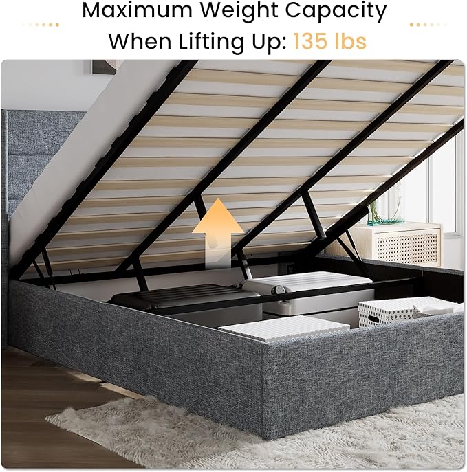 SHA CERLIN King Size Lift Up Storage Bed/Modern Wingback Headboard/Upholstered Platform Bed Frame/Hydraulic Storage/No Box Spring Needed/Wood Slats Support/Grey Blue