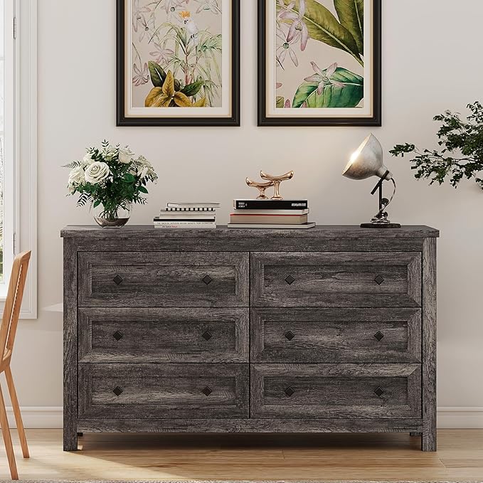 Farmhouse 6 Drawers Dresser, Wood Rustic Chest of Drawers for Bedroom, Closet Storage Dressers Organizer, 6 Drawers Chest for Living Room, Hallway, Grey