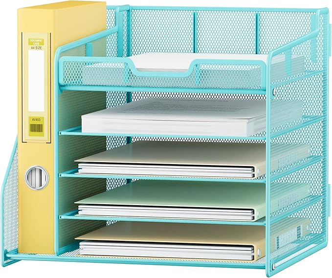 Lavatino 5-Tier Metal Mesh Desk Organizer with File Holder & 7 Customizable Compartments | Paper Letter Tray for Office or Home Desk Storage | Keep Workspace Supplies Neat & Organized, Blue