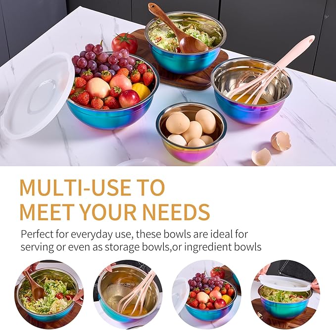 Colorful Mixing Bowls with Airtight Lids, Stainless Steel Nesting Mixing Bowls Set of 7, Ideal for Baking, Prepping and Serving Food, Size 7, 3.6, 2.7, 2.1, 1.5, 1.1,0.8 QT, Stackable Design