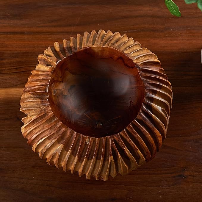 Teak Handcrafted Wooden Bowls Natural Wood Round Utility Bowl 9.7" W Handmade Rustic Serving Platter Fruit Snack Holder for Entry Table Vintage Artworks Dining Room Home Décor
