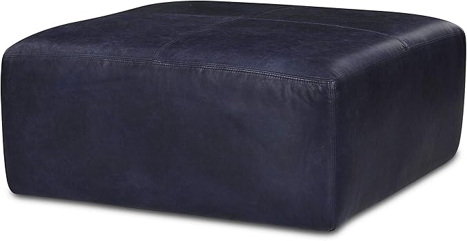 Poly & Bark Sequoia Ottoman – 35” Square Pouf with Feather-Down Topper – Full-Grain Leather Upholstered Pouf Ottoman for Living Room – Italian Leather in Midnight Blue