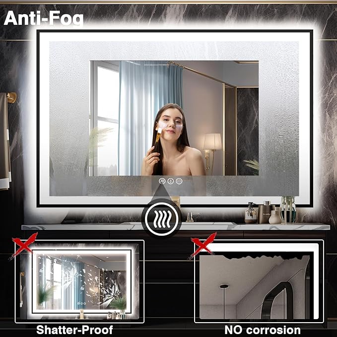 60x40 LED Mirror for Bathroom - Matte Black Framed (Front and Backlit), Anti-Fog Vanity Mirror with Lights,Stepless Dimmable Lit Mirror,3 Colors Smart(Horizontal/Vertical)