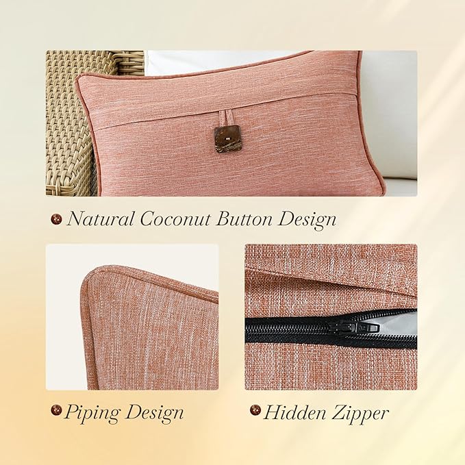 Outdoor Decorative Pillows with Coconut Button Pack of 4, 20" x 12" Outdoor Pillow Set for Couch Bed Throw Patio Sofa, Light Lotus Red