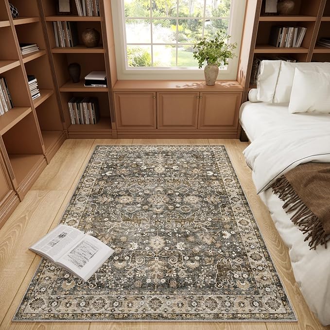 Washable Area Rugs 5'x7' Non-Slip Vintage Boho Distressed Fade Resistant Low Pile Carpet for High-Traffic Living Room, Bedroom & Dining Room