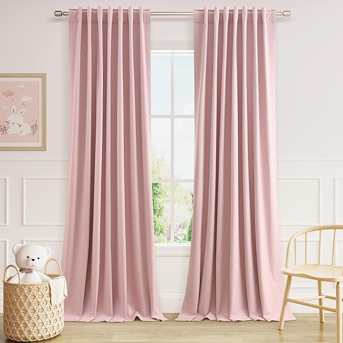 Guken 100% Blackout Linen Curtains 100 Inch 2 Panels Set for Girl's Bedroom, Living Room, Nursery, Back Tab Thermal Insulated Black Out Drapes Room Darkening, Pink