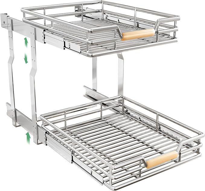 Kitstorack Pull out Cabinet Organizer, 2 Tier Heavy Duty Smooth Sliding Under Cabinet Shelves for Pots and Pans,Roll out Drawers with Thickened Chrome Plating(17" W X 21" D)