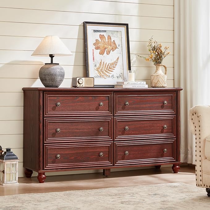 Farmhouse Dressers & Night Stand Set of 3, Wood 54" Wide 6 Drawer Dresser & 43.5"Tall Chest of Drawers, 18" with Charging Station Nightstand, Bedroom Furniture Dresser Set for Home Living Room Hallway