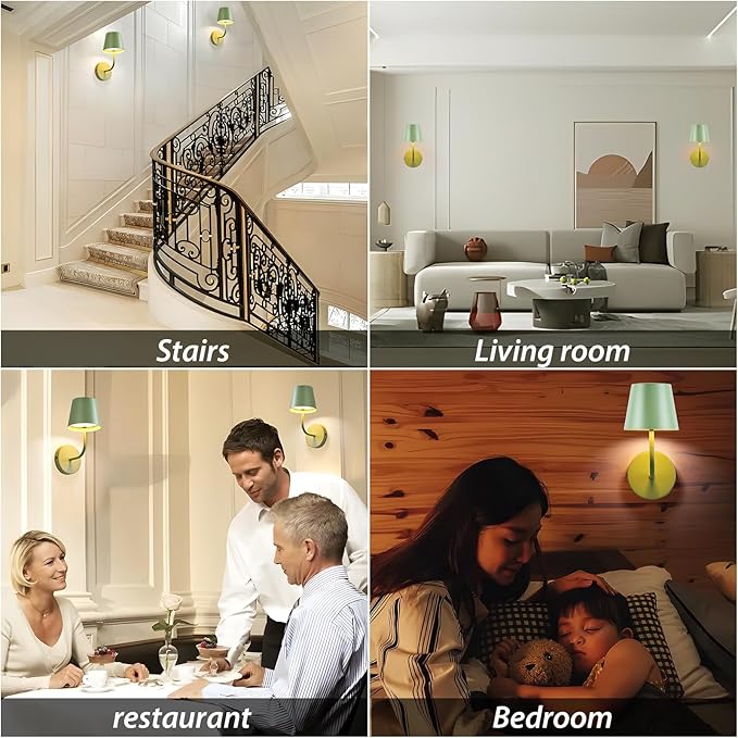 LED Wireless Wall Lamp Set of 2, with 5600mAh Rechargeable Battery Powered Wall Sconces, Touch for Remote Control Infinite Dimming Be Used for Bedroom Mirror Living Room Wall Painting(Green)