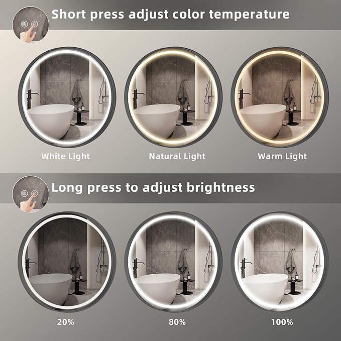 Hasipu 32 Round LED Mirror for Bathroom with Lights, Black Circle Vanity Mirror for Wall, Metal Framed Frontlit Bathroom Mirrors Anti-Fog, Dimmable, 3 Colors Makeup Mirror Wall Mounted