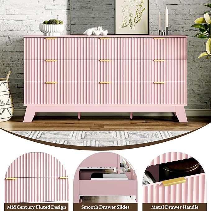 Fluted Dresser for Bedroom with 9 Drawers, 57" Mid Century Modern Dresser of Closet TV Stand, Nature Wood Dressers with Gold Handle, Boho Closet Wide Modern Chest of Drawers, Pink