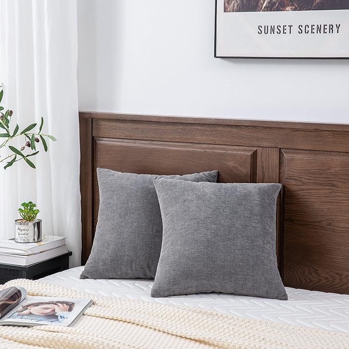 GAWAMAY Decorative Square Throw Pillow Covers 18"x18" Inch Set of 2, Super Soft Chenille Pillows Farmhouse Fall Pillowcase for Living Room Bedroom Sofa Couch Cushion Cover Grey 45x45cm (No Insert)