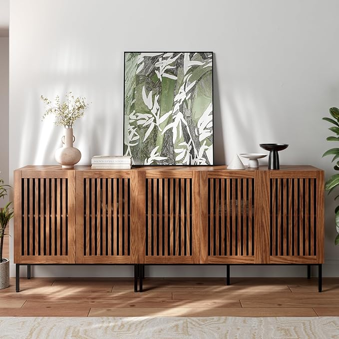 Farmhouse TV Stand for TVs up to 85 inch, 2 in 1 Entertainment Center TV Console with Metal Base & Storage Cabinets,Media Console for Living Room, Dark Brown