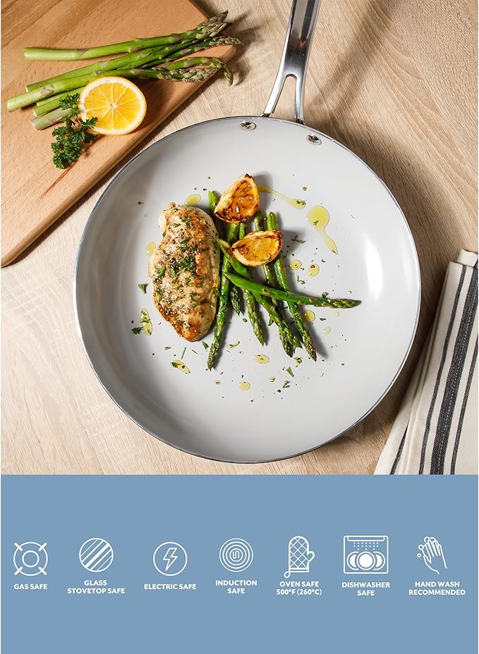 Sur La Table Kitchen Essentials Potluck Porch 12 Inch Deep Frying Pan Skillet Aluminum PFA Free Ceramic Cookware Chef's Pan, Omelet Pan - Induction - Black