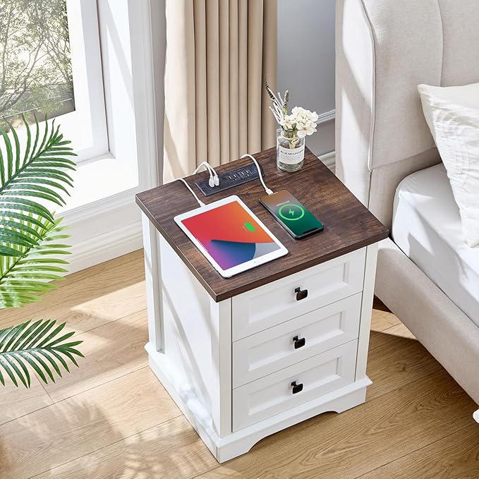 SOOWERY Dresser for Bedroom, Farmhouse Dresser with 3 Wooden Drawers and Storage Cabinet, 25 Inches Tall Side Table Chest of Drawers for Bedroom, Living Room, Hallway, White