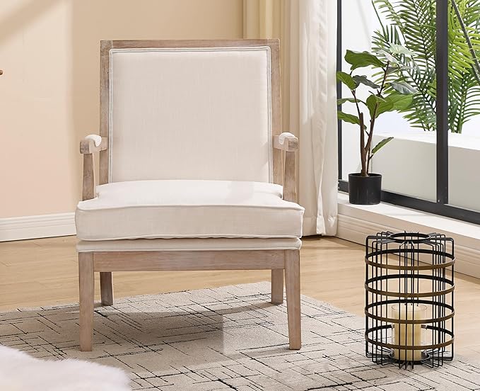 chairus Farmhouse Linen Accent Chair for Living Room, Upholstered Reading Chair with Solid Wood Frame Lounge Arm Chair with High Back for Bedroom, Reception Room, Waiting Room, Beige
